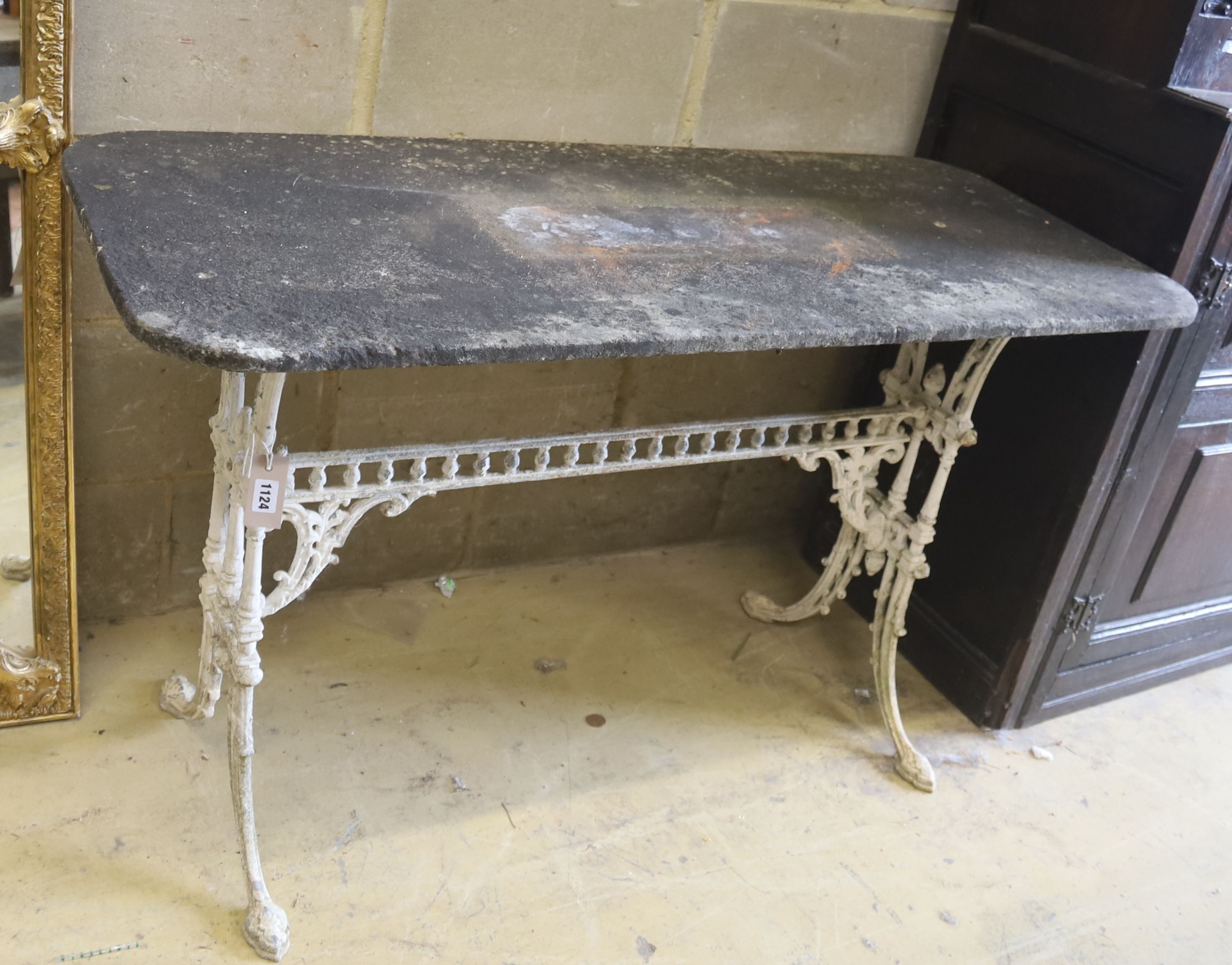 A Victorian marble topped cast iron rectangular garden table, length 122cm, depth 52cm, height 73cm